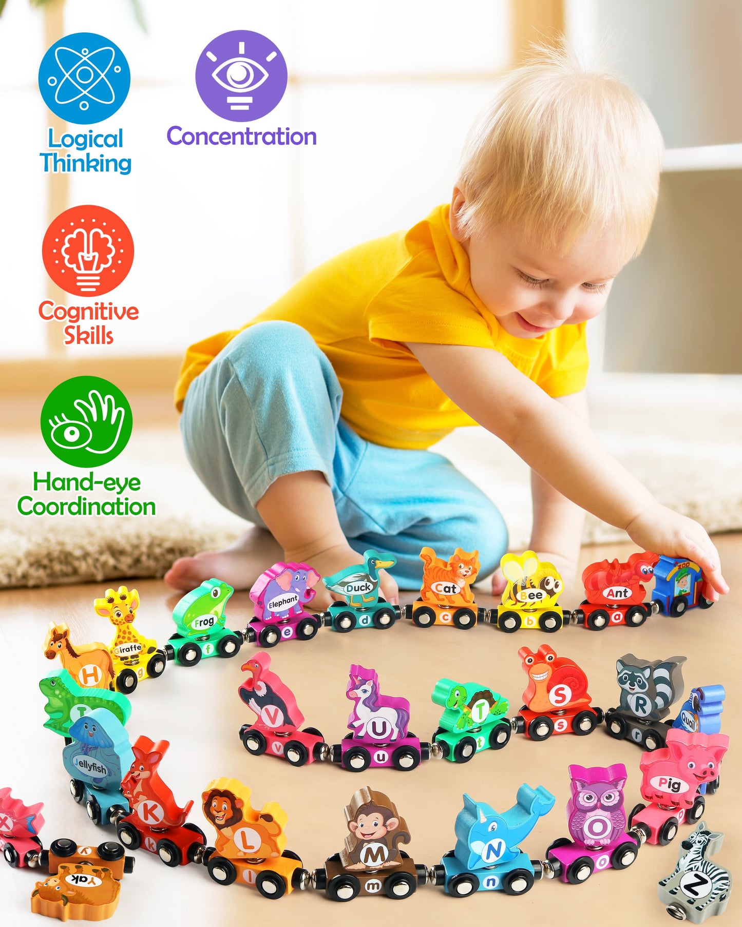 Wooden Train Set for Toddlers - Snap-Connection Animal Trains, Magnetic Alphabet Train Learning Toys, STEM Preschool Toys, ABC and Animal Play Set for Kids Ages 3-5 Christmas Gifts for Kids