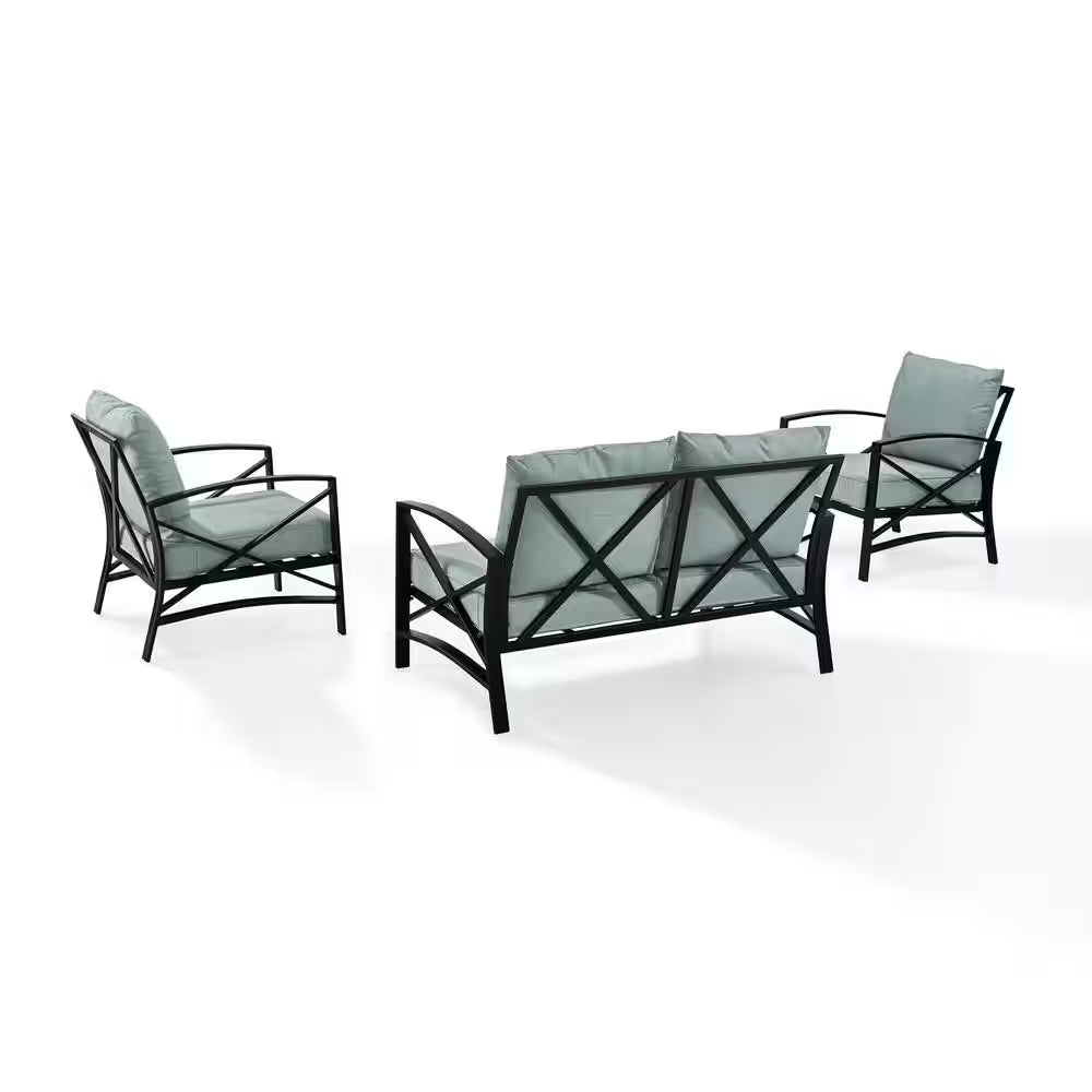 Kaplan 3-Piece Metal Patio Outdoor Seating Set with Mist Cushion - Loveseat, 2-Outdoor Chairs