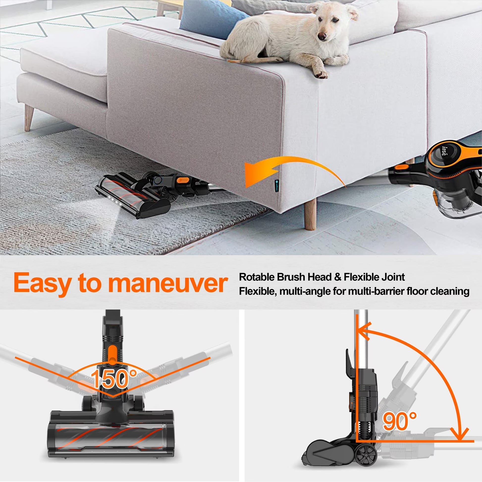 Cordless Vacuum Cleaner,25Kpa Powerful Stick Vacuum,6-In-1 Rechargeable Vacuum with 2500Mah Battery up to 45Mins Runtime,300W Brushless Motor Cordless Vacuum for Pet Hair Hard Floor Carpet