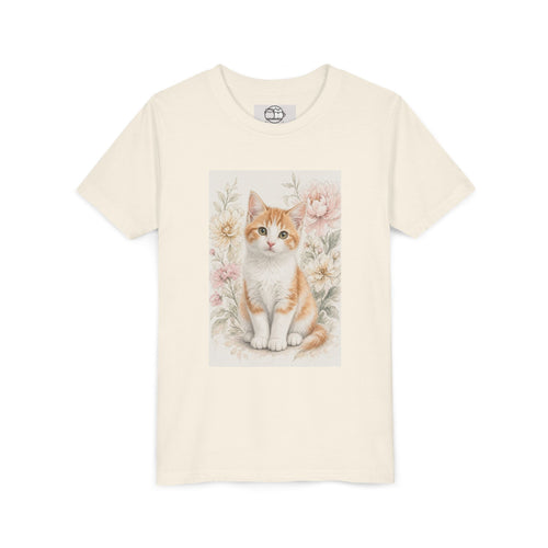 Adorable Orange Tabby Kitten Floral Illustration Youth Tee | Cute Cat Shirt- Vienna Collection