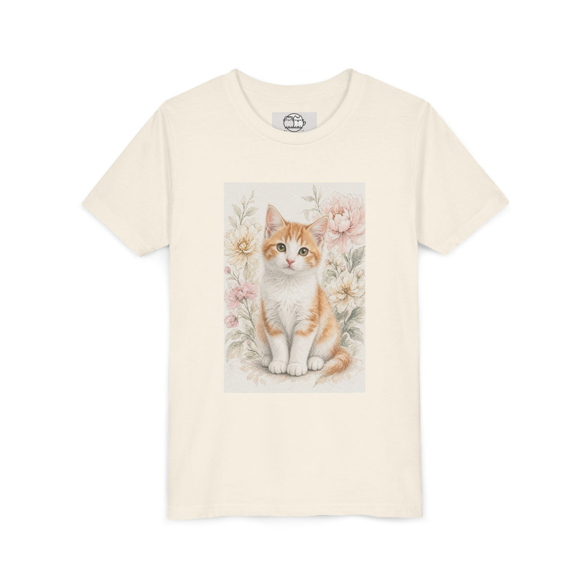 Adorable Orange Tabby Kitten Floral Illustration Youth Tee | Cute Cat Shirt- Vienna Collection