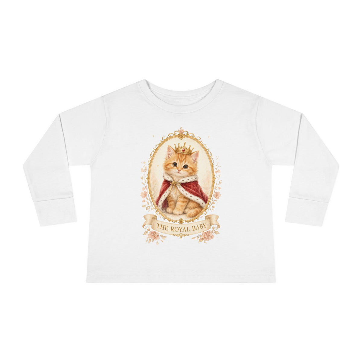Royal Kitten Portrait Toddler Long Sleeve Tee | Crowned Cat Illustration- Orange Sherbet Collection- Bestie Best Luxury