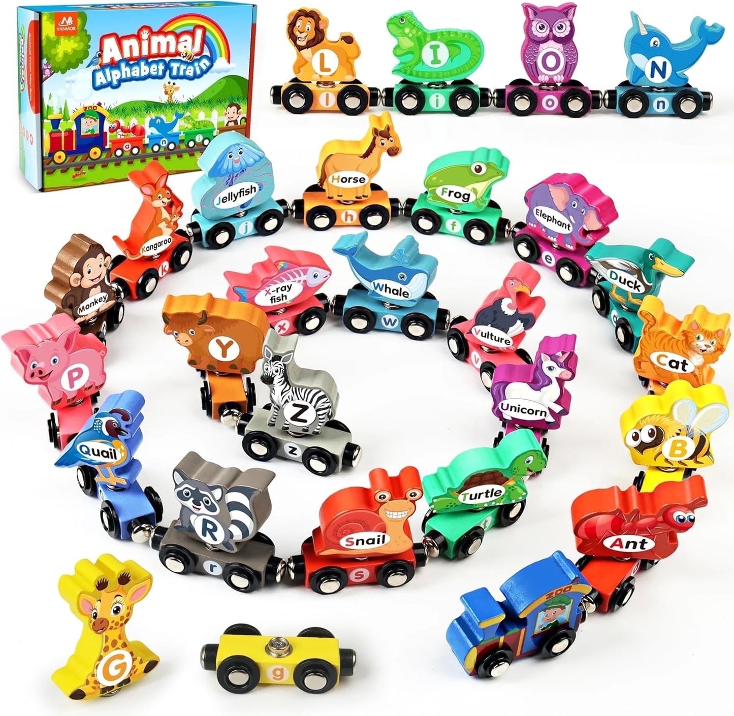 Wooden Train Set for Toddlers - Snap-Connection Animal Trains, Magnetic Alphabet Train Learning Toys, STEM Preschool Toys, ABC and Animal Play Set for Kids Ages 3-5 Christmas Gifts for Kids