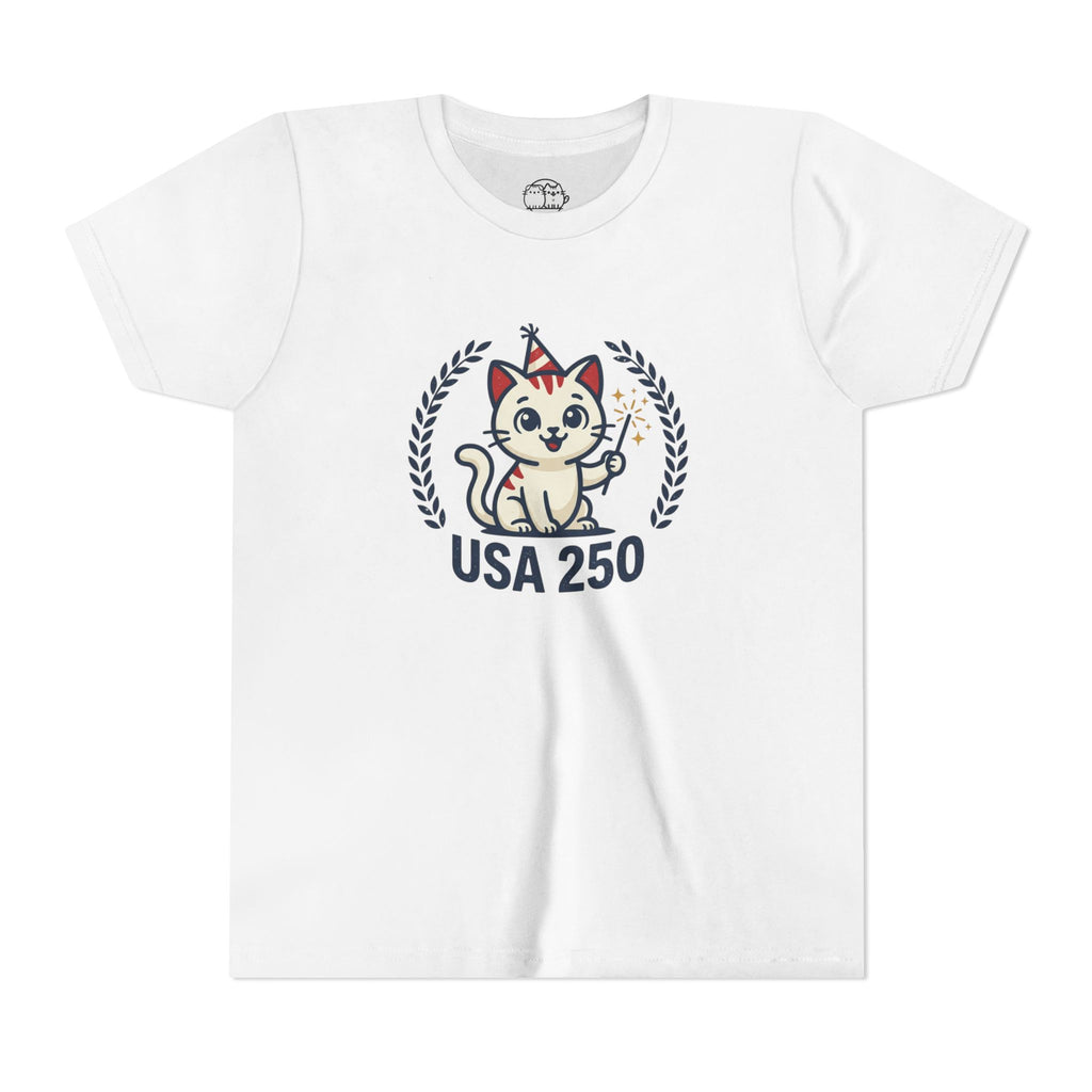 USA 250 Lucky Cat Youth Tee | Patriotic Kitten Illustration