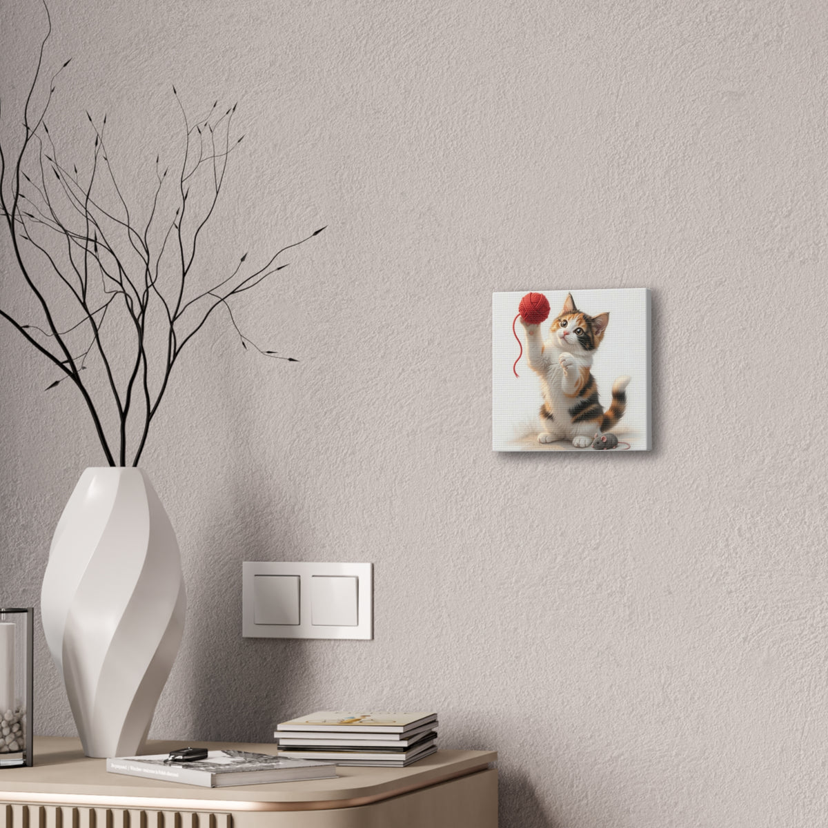 Calico Kitten with Red Yarn Canvas- Nursery Decor- Baby & Kids Room- Kitten Gloria Collection