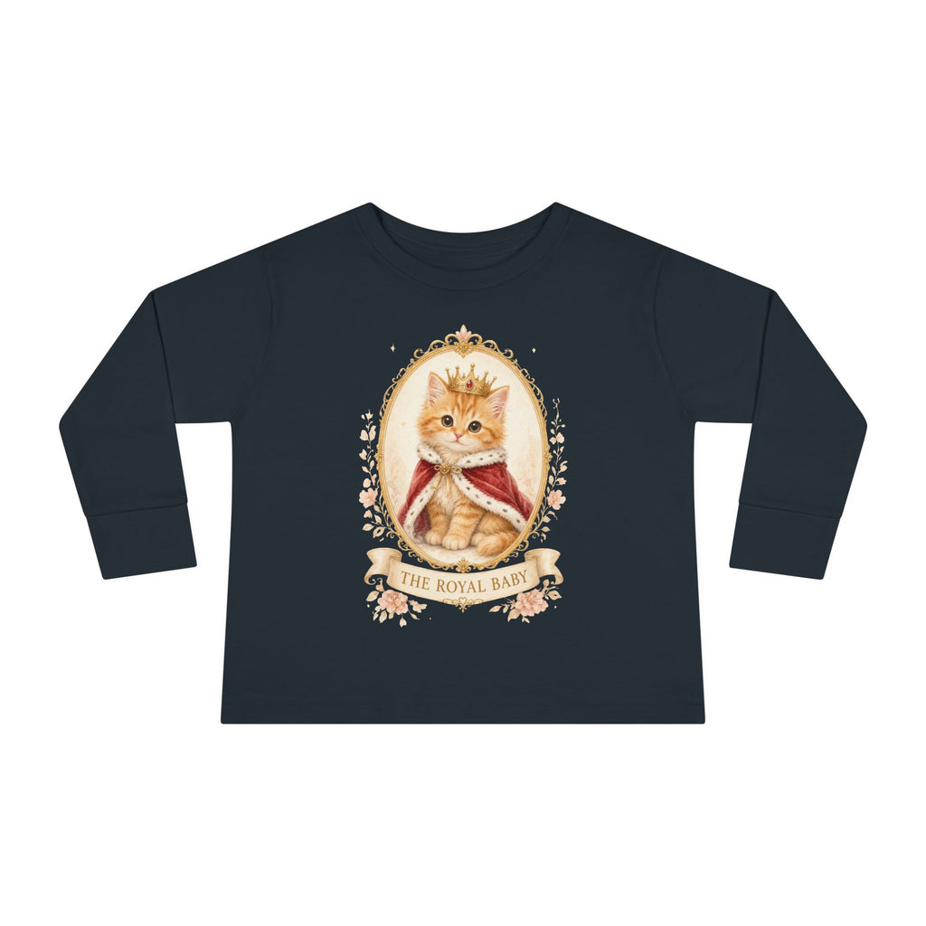 Royal Kitten Portrait Toddler Long Sleeve Tee | Crowned Cat Illustration- Orange Sherbet Collection- Bestie Best Luxury