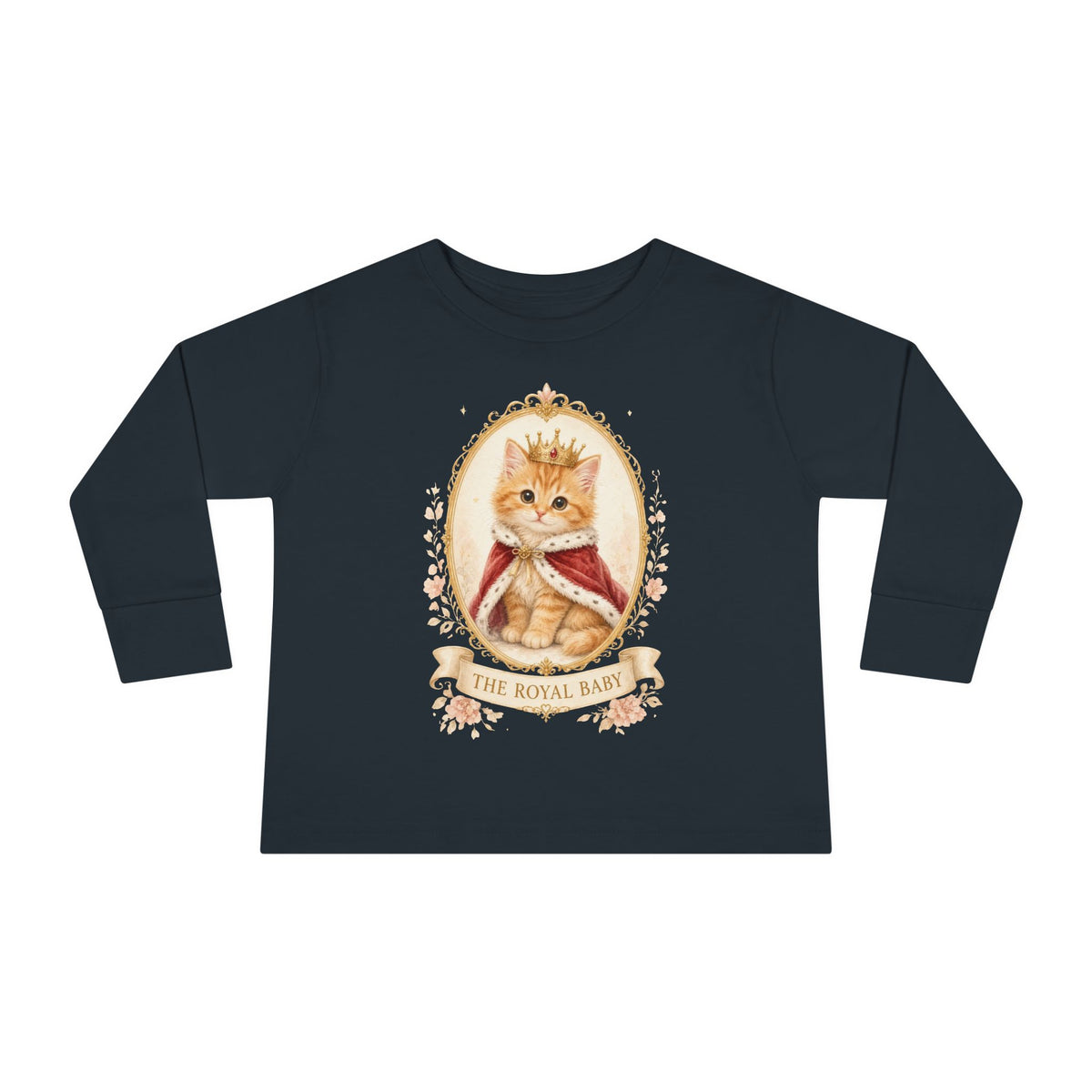 Royal Kitten Portrait Toddler Long Sleeve Tee | Crowned Cat Illustration- Orange Sherbet Collection- Bestie Best Luxury