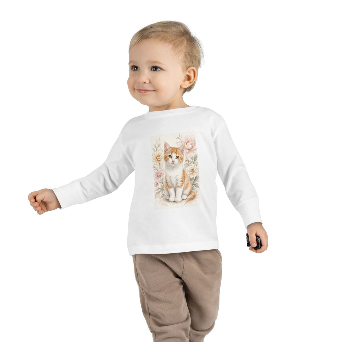 Orange Kitten Floral Illustration Toddler Long Sleeve Tee | Cute Cat Shirt- Vienna Collection