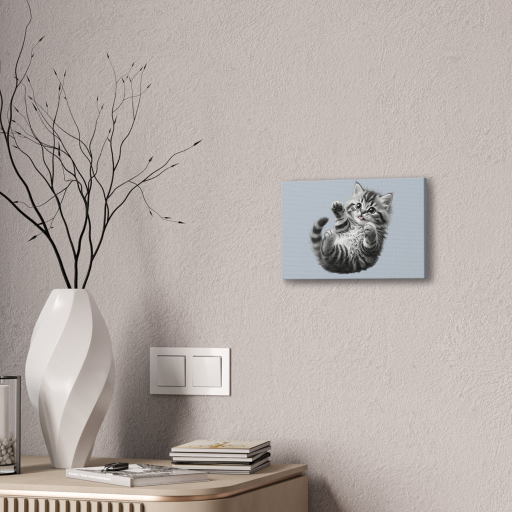 Playful Tabby Grey Fluffy Kitten Illustration Canvas Stretched | Cute Cat Wall Art- Sage Collection- Bestie Best Collection