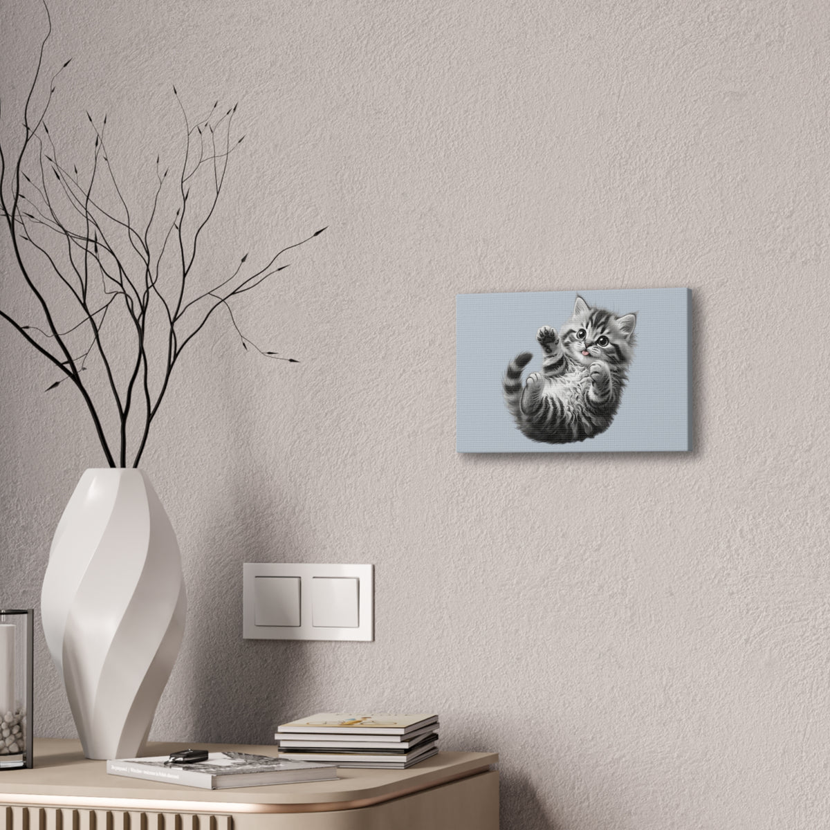 Playful Tabby Grey Fluffy Kitten Illustration Canvas Stretched | Cute Cat Wall Art- Sage Collection- Bestie Best Collection
