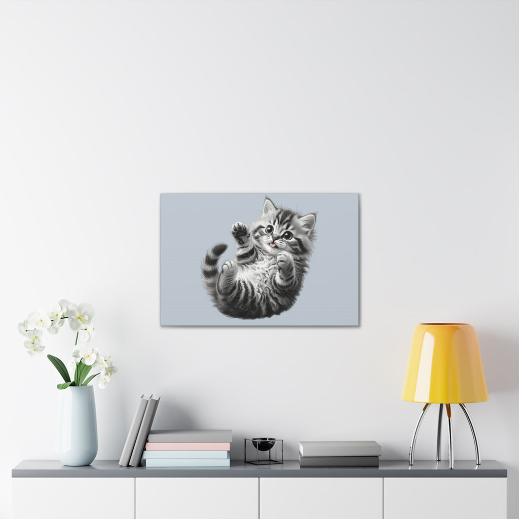Playful Tabby Grey Fluffy Kitten Illustration Canvas Stretched | Cute Cat Wall Art- Sage Collection- Bestie Best Collection