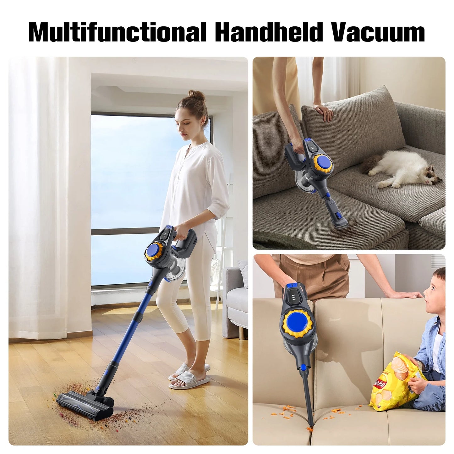 Cordless Vacuum Cleaner, 50Mins Runtime, Powerful Stick Vacuum 6*2600Mah Rechargeable Cordless Vacuum for Carpet, Tile, Pet Hair, Hardwood Floors, Blue