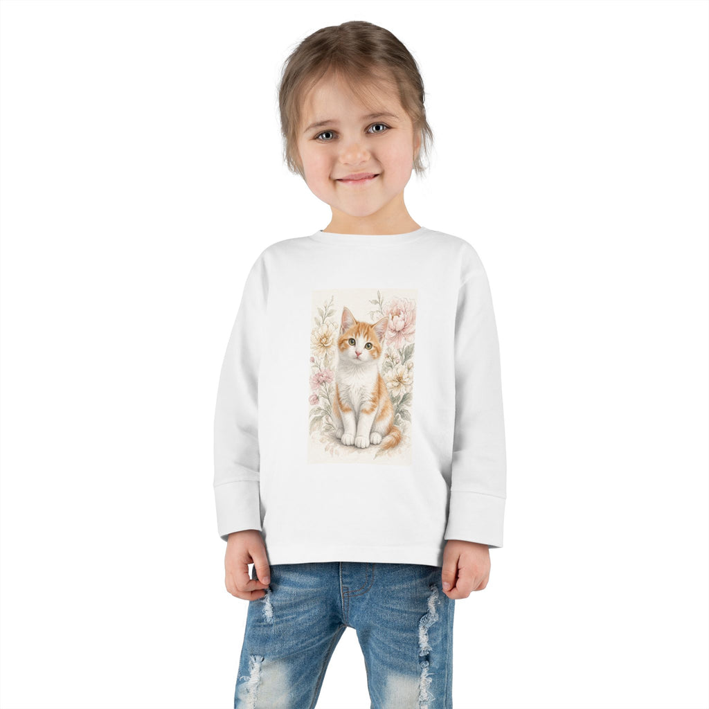 Orange Kitten Floral Illustration Toddler Long Sleeve Tee | Cute Cat Shirt- Vienna Collection