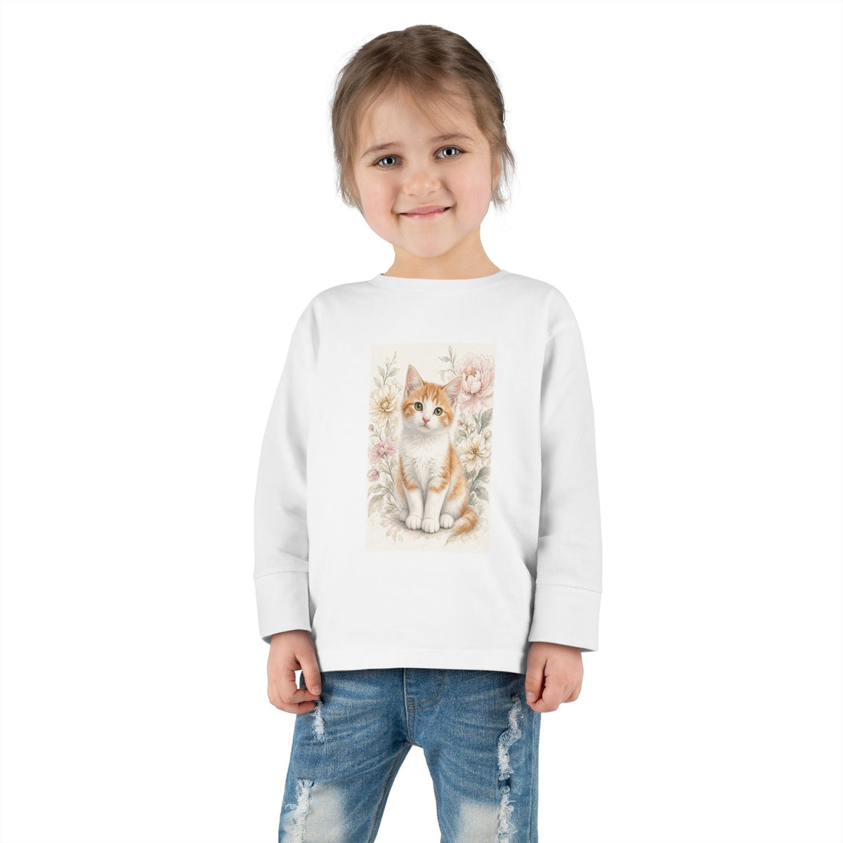 Orange Kitten Floral Illustration Toddler Long Sleeve Tee | Cute Cat Shirt- Vienna Collection