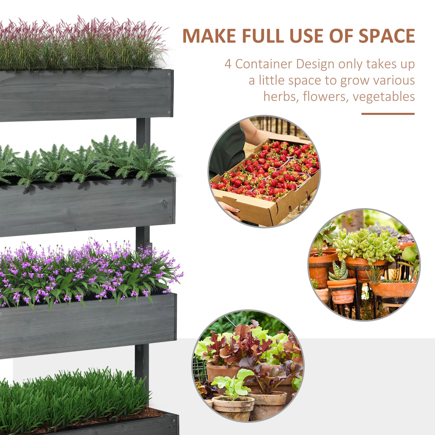 Vertical Garden Planter, Wooden 4 Tier Planter Box, Self-Draining with Non-Woven Fabric for Outdoor Flowers, Vegetables and Herbs, Gray