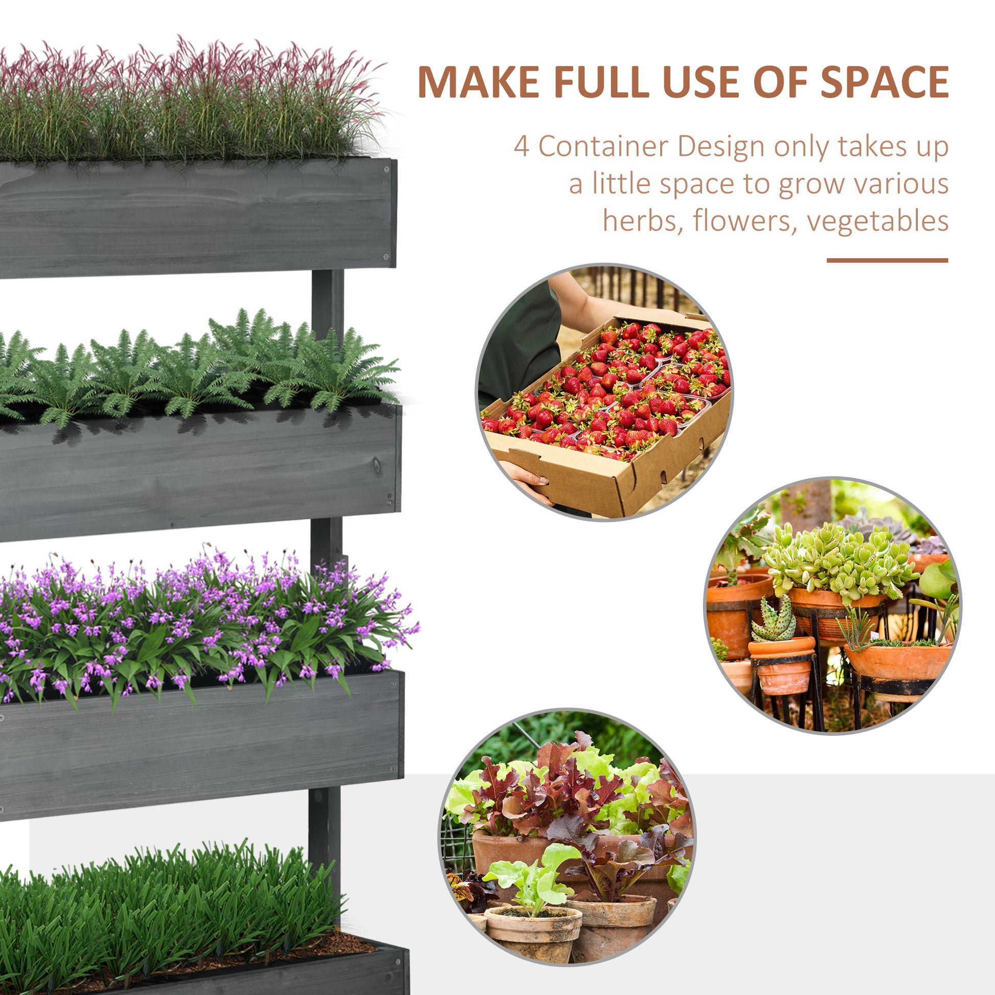Vertical Garden Planter, Wooden 4 Tier Planter Box, Self-Draining with Non-Woven Fabric for Outdoor Flowers, Vegetables and Herbs, Gray