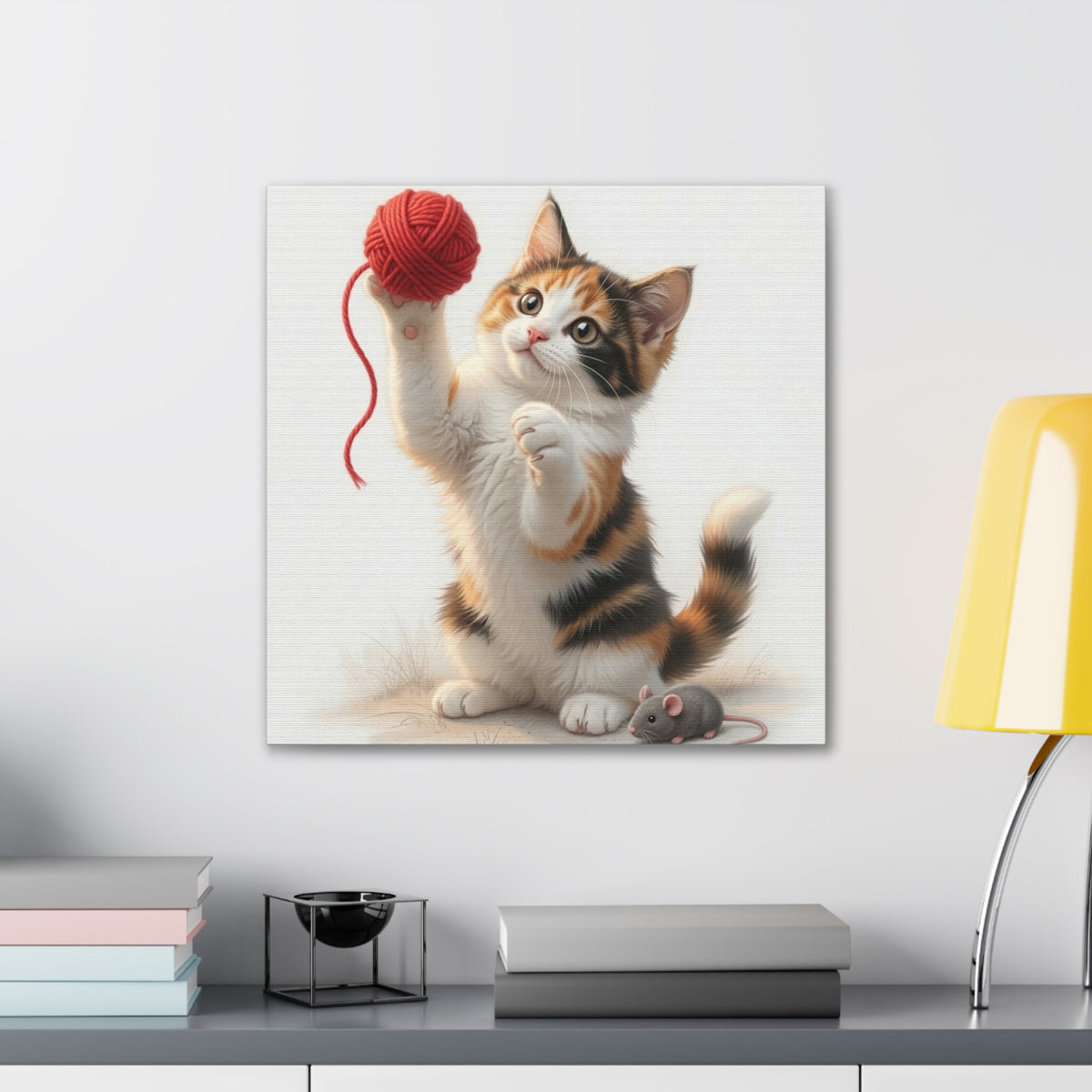 Calico Kitten with Red Yarn Canvas- Nursery Decor- Baby & Kids Room- Kitten Gloria Collection