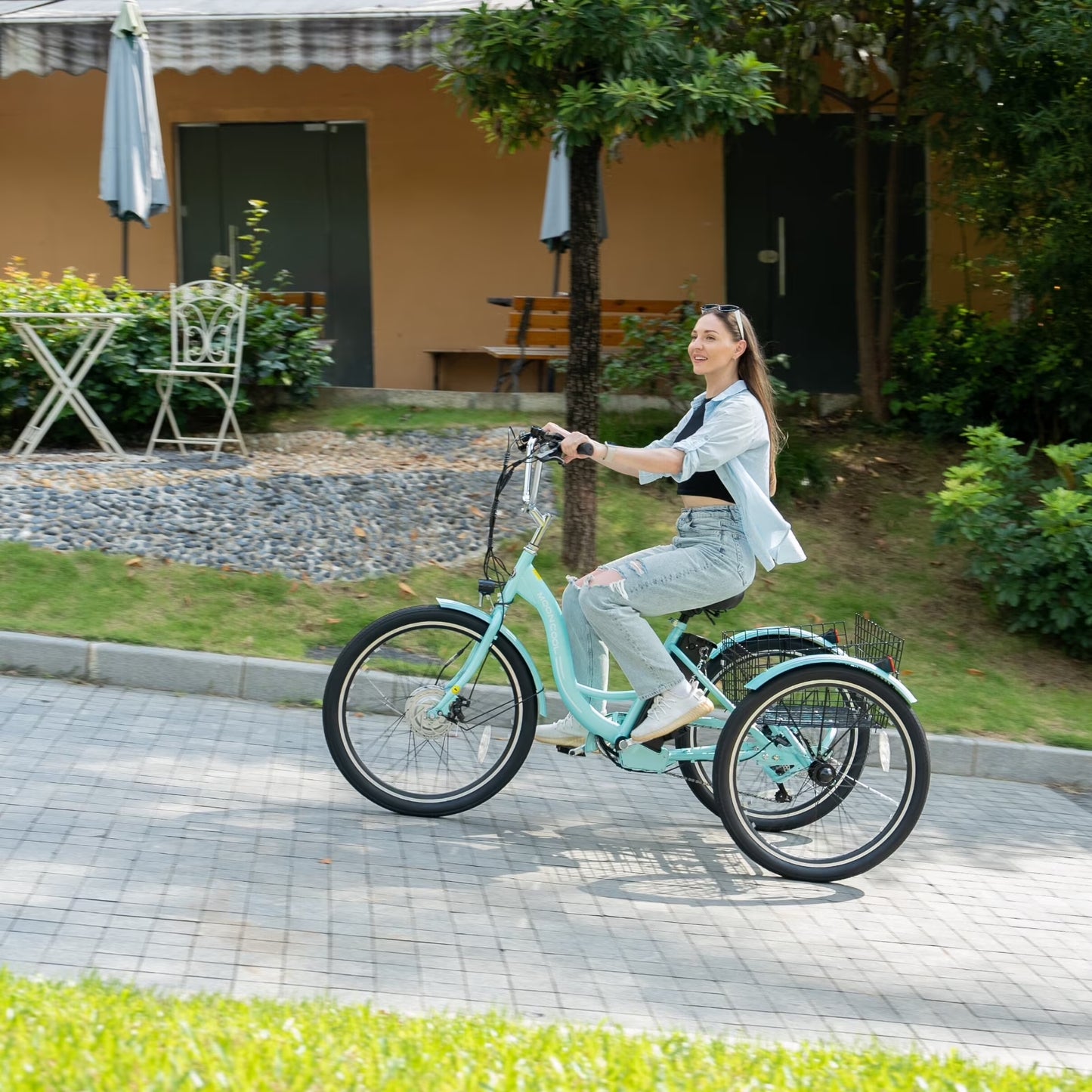 Electric Tricycle for Adults, 350W 36V Electric Trike Motorized Three Wheel Electric Bicycle, 7 Speeds 3 Wheels Adult Electric Tricycle with Large Basket,Cyan