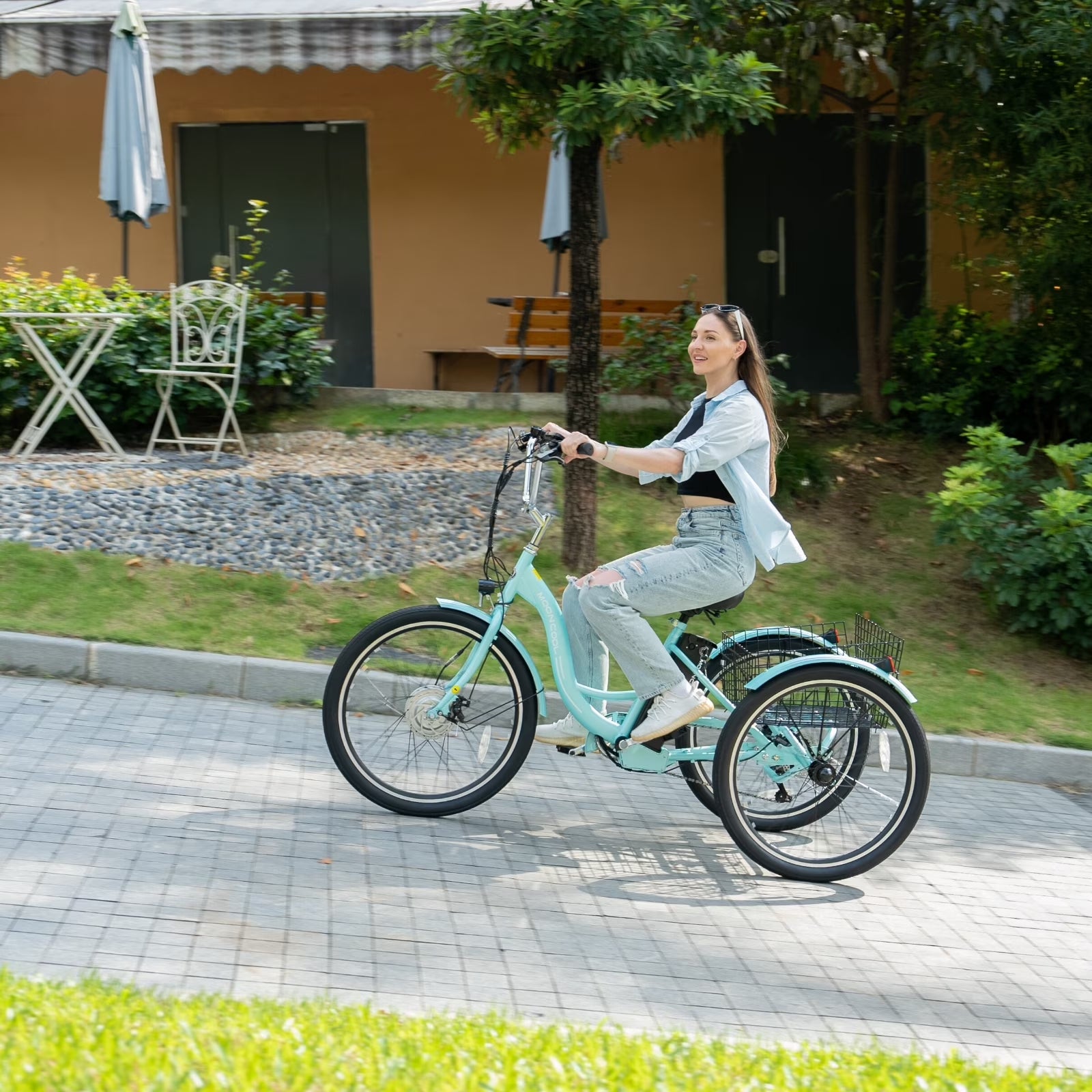 Electric Tricycle for Adults, 350W 36V Electric Trike Motorized Three Wheel Electric Bicycle, 7 Speeds 3 Wheels Adult Electric Tricycle with Large Basket,Cyan