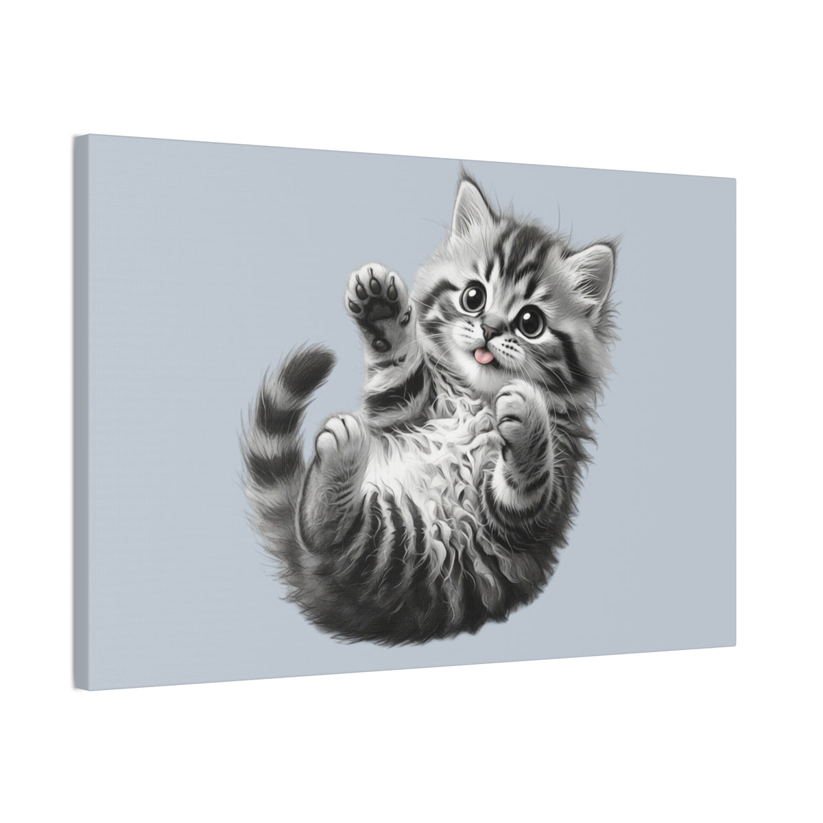 Playful Tabby Grey Fluffy Kitten Illustration Canvas Stretched | Cute Cat Wall Art- Sage Collection- Bestie Best Collection