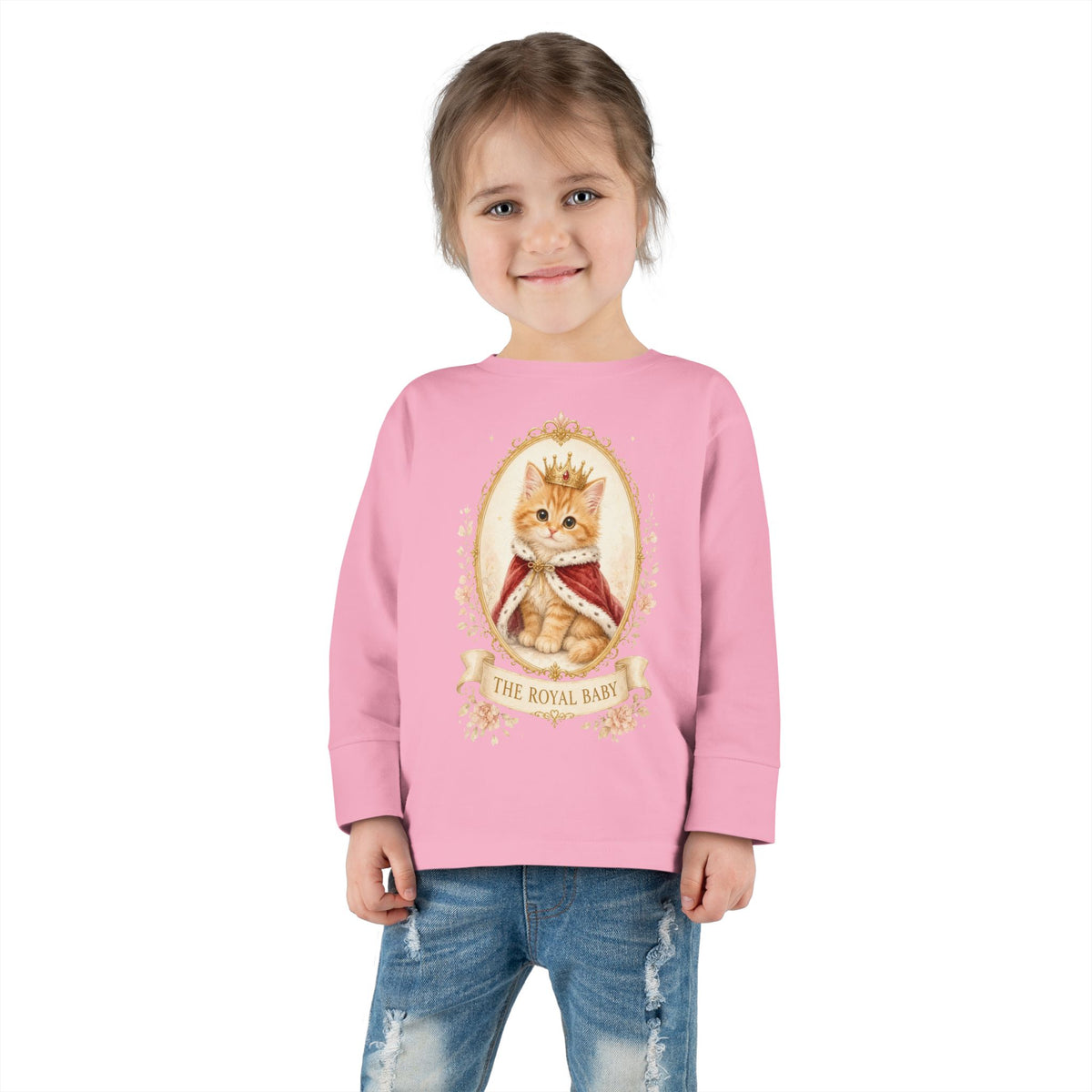 Royal Kitten Portrait Toddler Long Sleeve Tee | Crowned Cat Illustration- Orange Sherbet Collection- Bestie Best Luxury