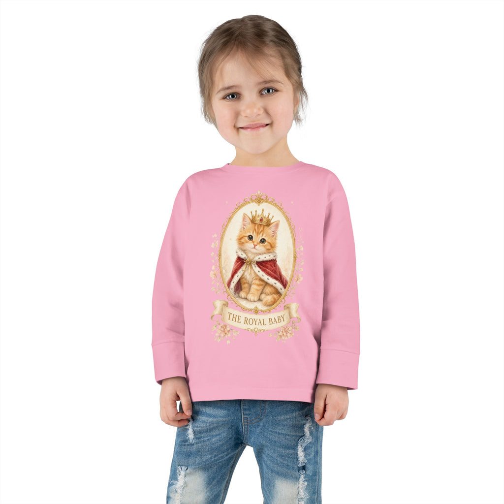 Royal Kitten Portrait Toddler Long Sleeve Tee | Crowned Cat Illustration- Orange Sherbet Collection- Bestie Best Luxury