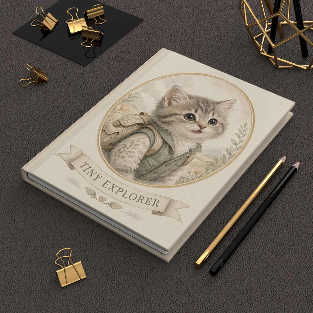 Tiny Explorer kitten illustration Hardcover Journal | Vintage backpack kitten portrait
