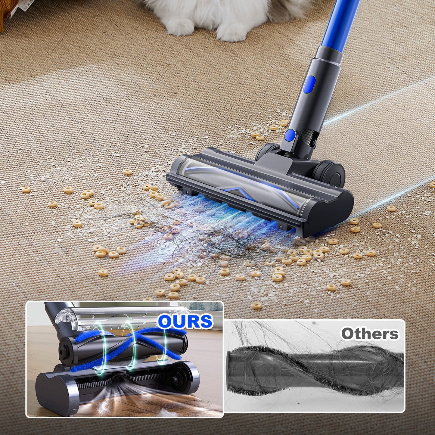 Cordless Vacuum Cleaner, 50Mins Runtime, Powerful Stick Vacuum 6*2600Mah Rechargeable Cordless Vacuum for Carpet, Tile, Pet Hair, Hardwood Floors, Blue