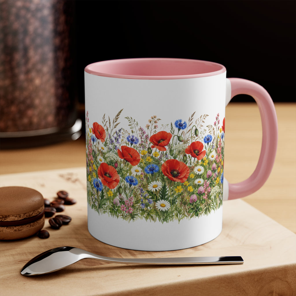 Wildflower Poppy Meadow Mug | Red Accent 11oz Ceramic