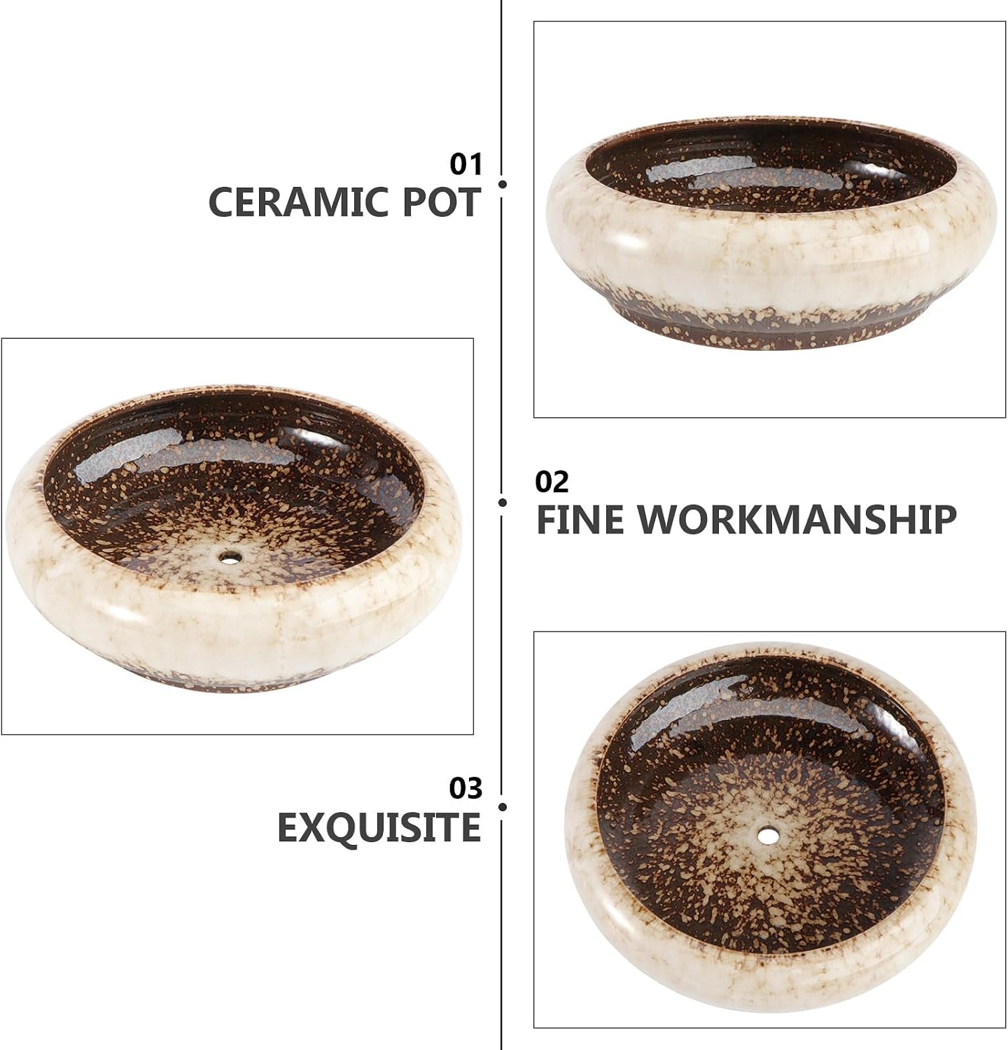 7.3 Inch Ceramic Succulent Planter, Shallow round Bonsai Pot with Drainage for Indoor Outdoor Plants, Decorative Ceramic Flower Container for Home Decor