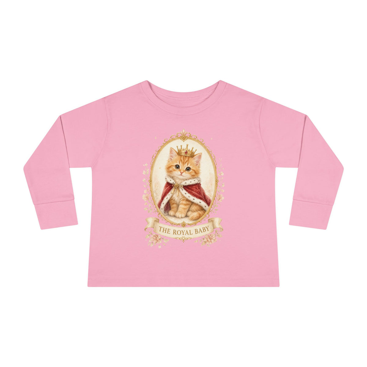 Royal Kitten Portrait Toddler Long Sleeve Tee | Crowned Cat Illustration- Orange Sherbet Collection- Bestie Best Luxury