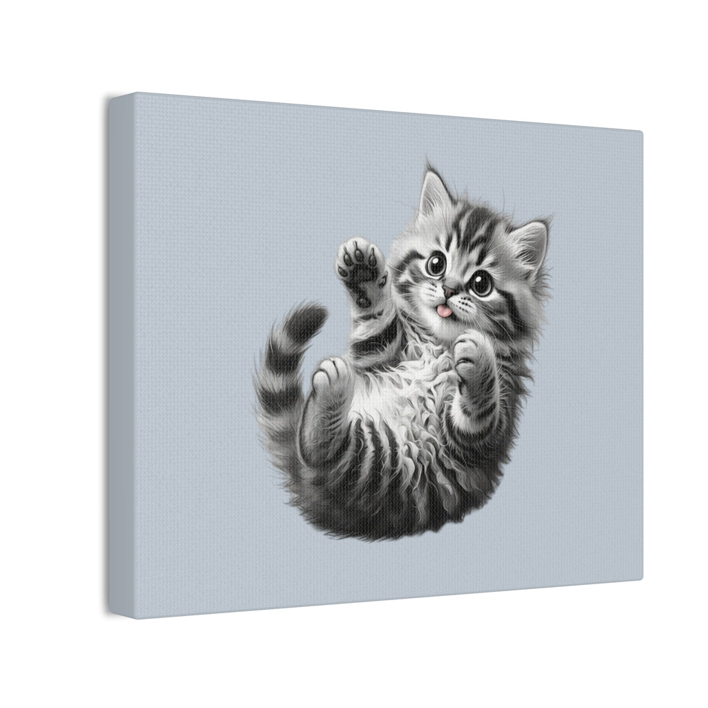 Playful Tabby Grey Fluffy Kitten Illustration Canvas Stretched | Cute Cat Wall Art- Sage Collection- Bestie Best Collection