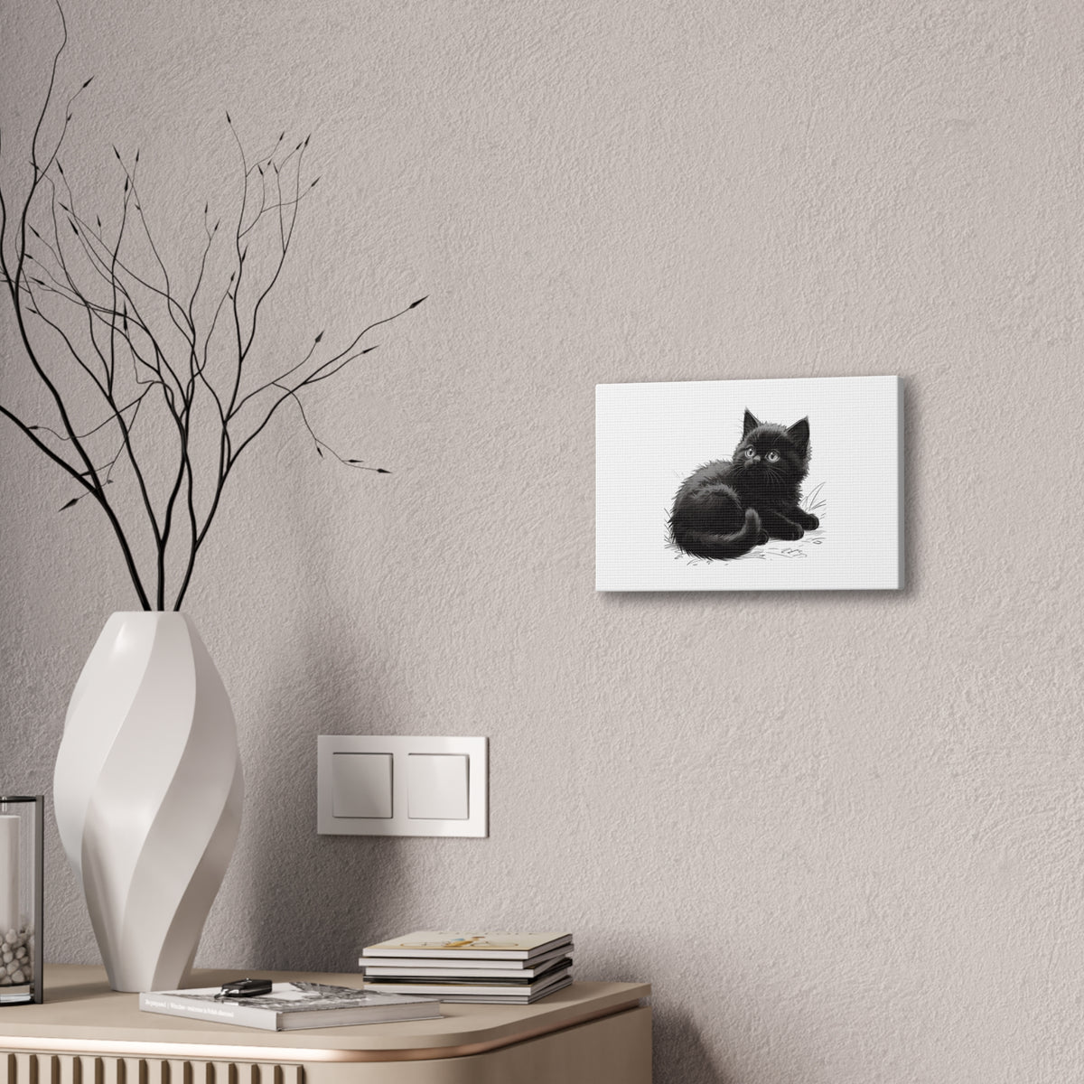 Black Kitten Illustration Canvas Stretched | Cute Cat Wall Art- Nursery & Kids room Decor, Twixie Collection- Bestie Best