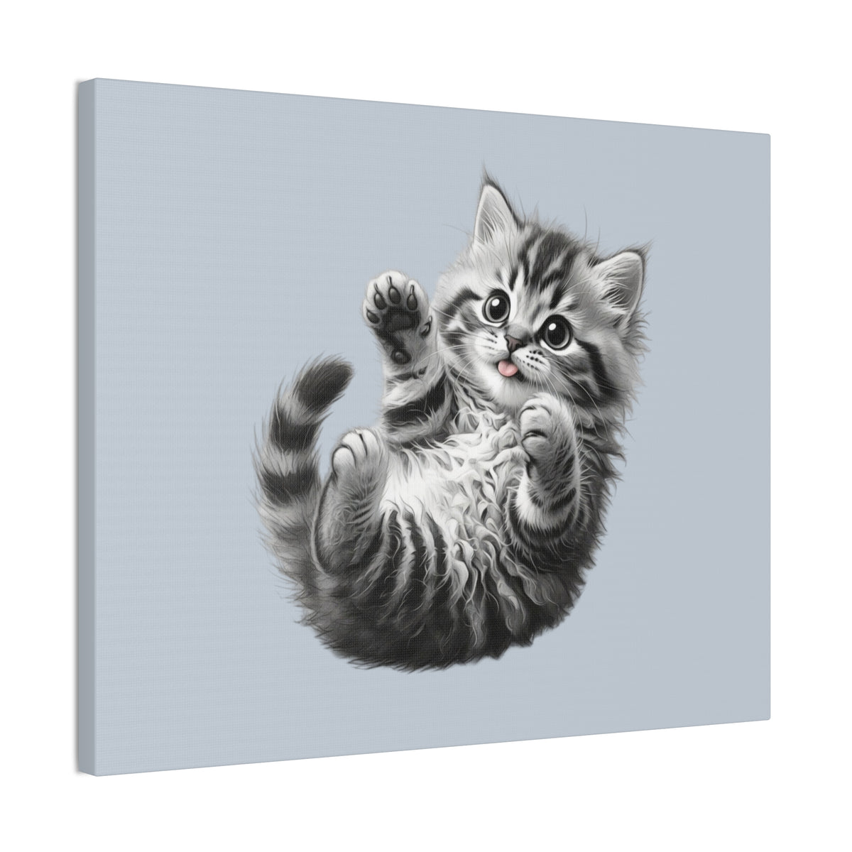 Playful Tabby Grey Fluffy Kitten Illustration Canvas Stretched | Cute Cat Wall Art- Sage Collection- Bestie Best Collection
