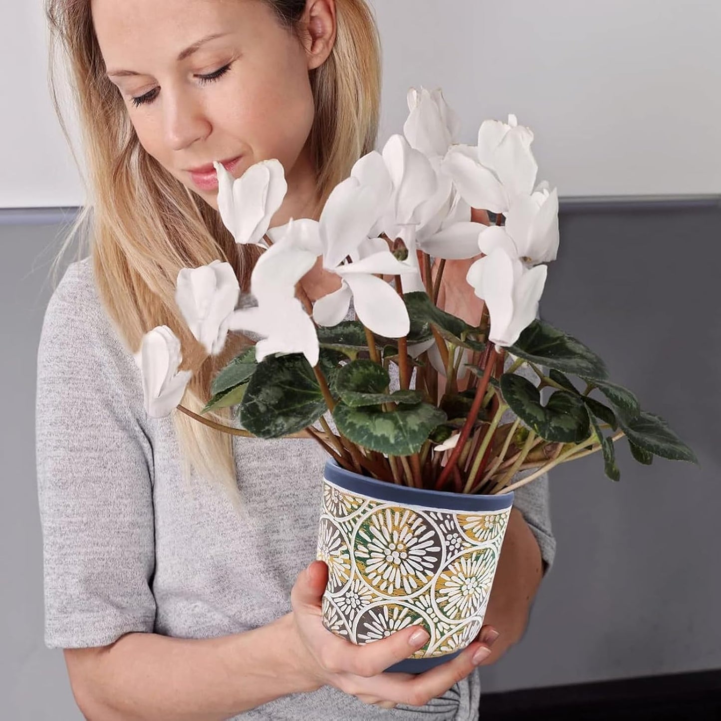 3 Piece Ceramic Plant Pots Indoor Pots Set with Drainage Holes, 5.7/4.7/3.5/Inch, Modern Decorative Pots Outdoor Plants Lilies, Cacti, Succulents, Snakes, and Bamboo (Blue)