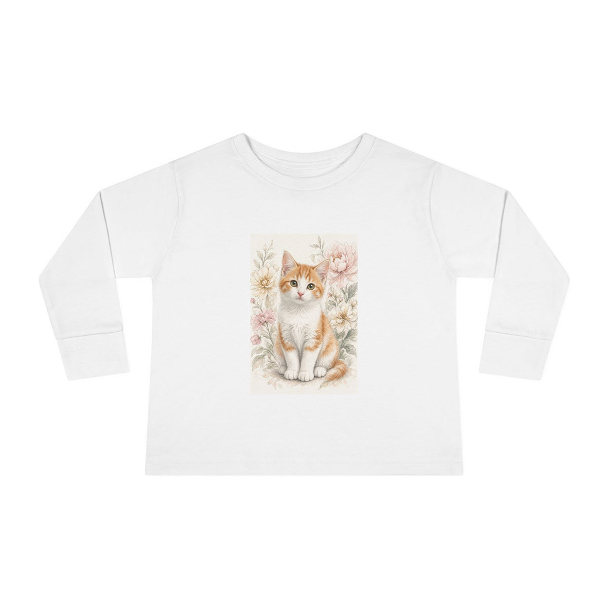 Orange Kitten Floral Illustration Toddler Long Sleeve Tee | Cute Cat Shirt- Vienna Collection