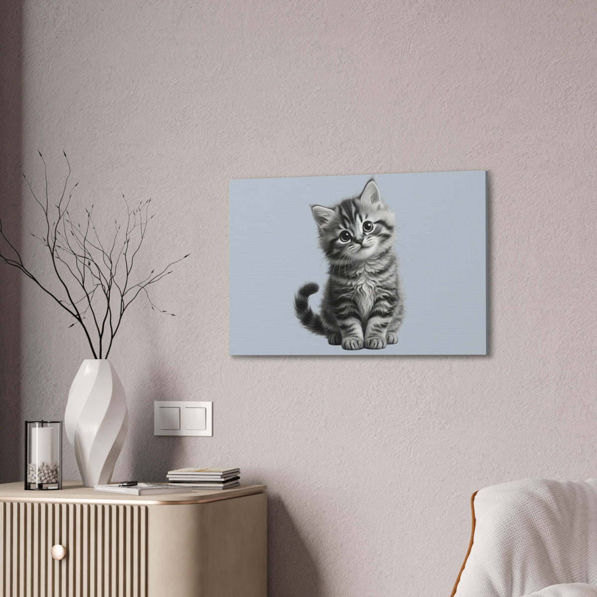 Gray Tabby Kitten Illustration Canvas- Bestie Best Decor Collection- Sage Collection