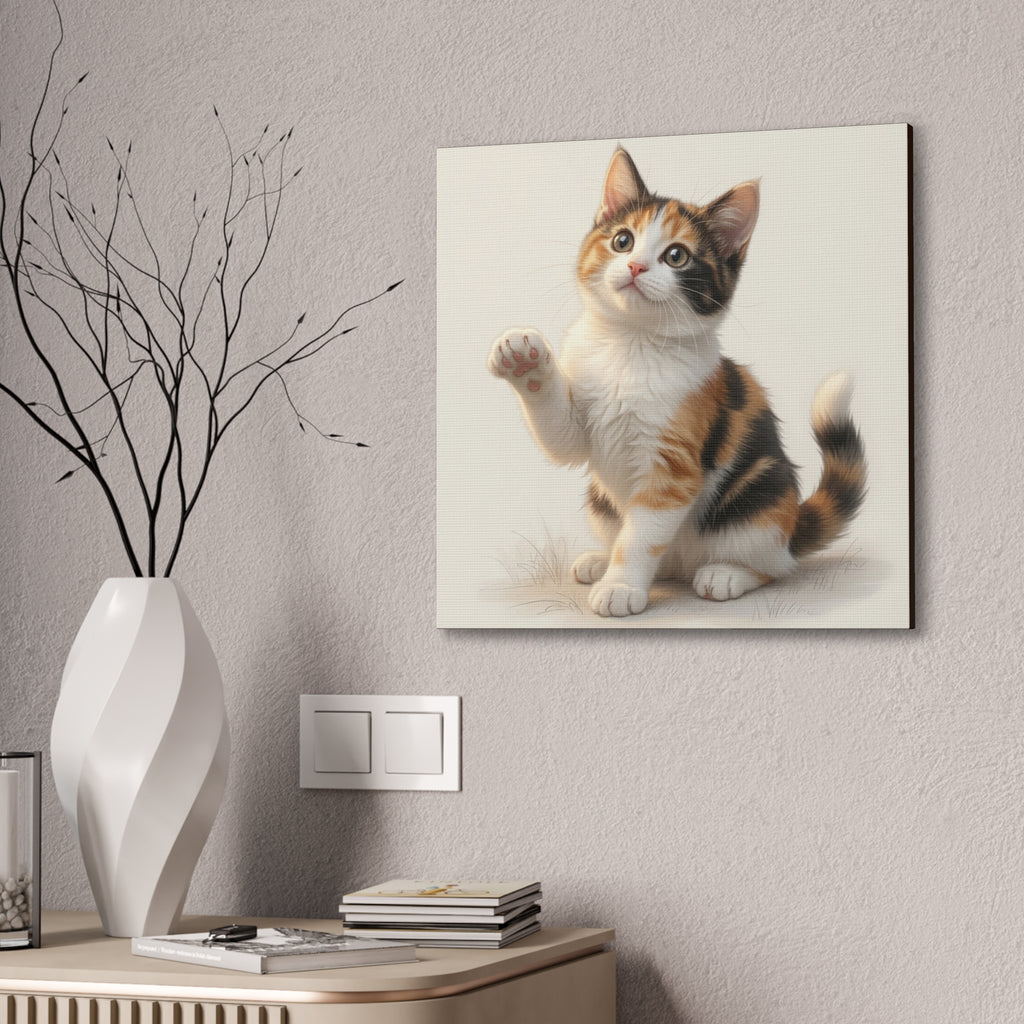 Calico Kitten Pawing Canvas Stretched Wall Art | 0.75" Nursery & Kids room Decor- Gloria Collection- Bestie Best