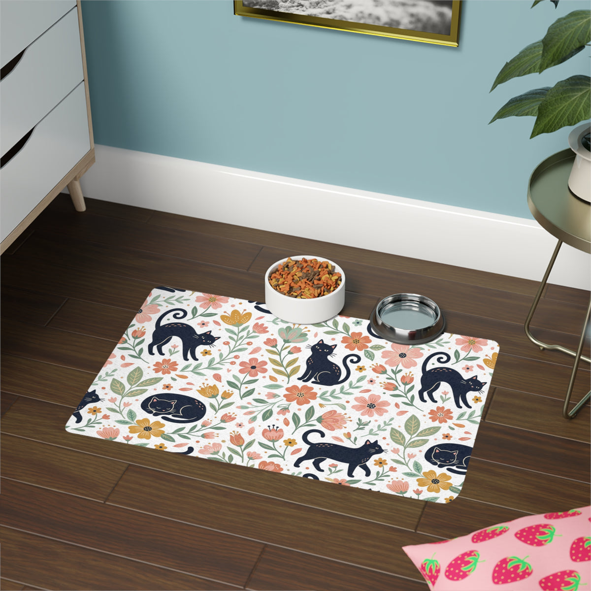 Black Cat Floral Pattern Pet Food Mat | 12x18 Cat Feeding Placemat- Bestie Best Collection