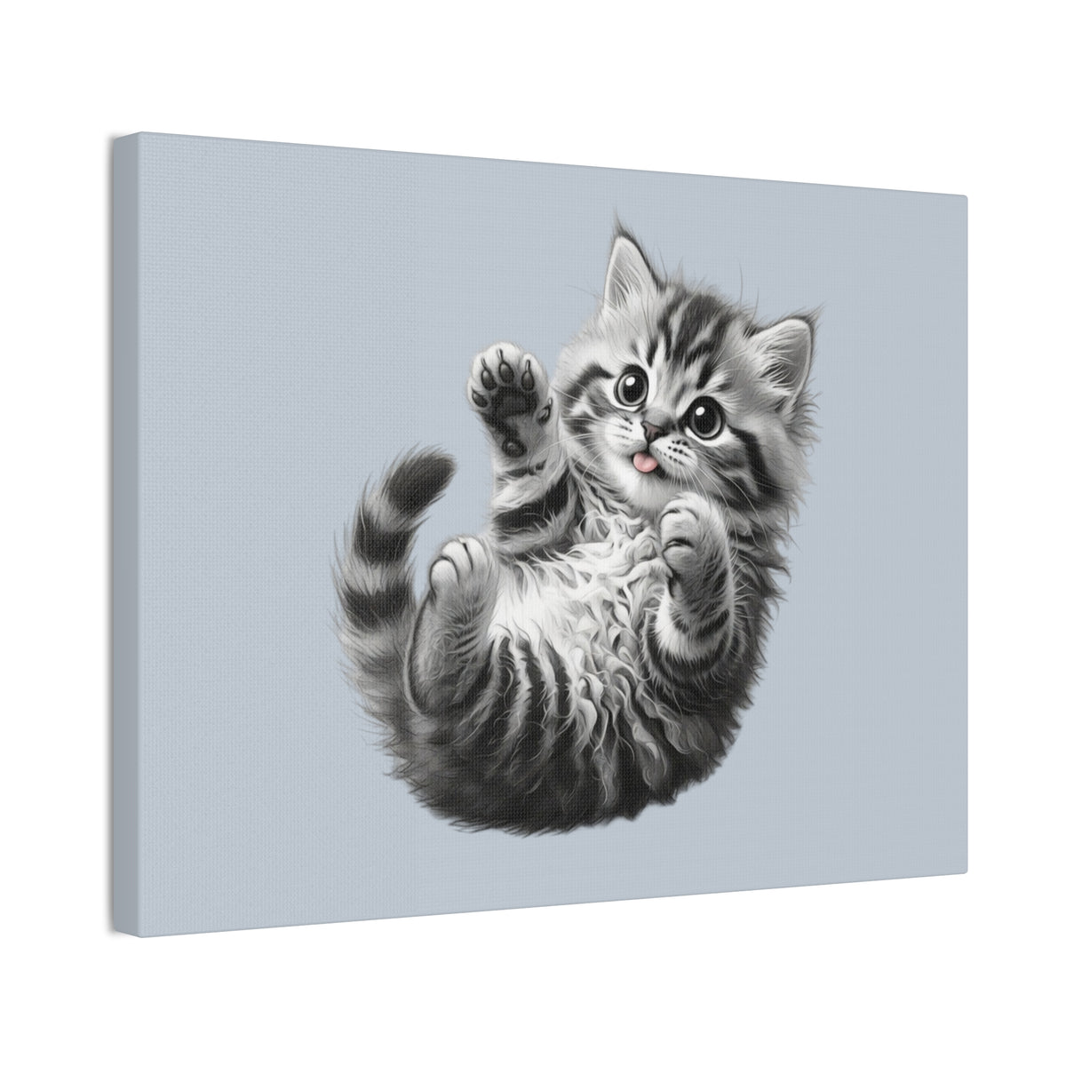 Playful Tabby Grey Fluffy Kitten Illustration Canvas Stretched | Cute Cat Wall Art- Sage Collection- Bestie Best Collection