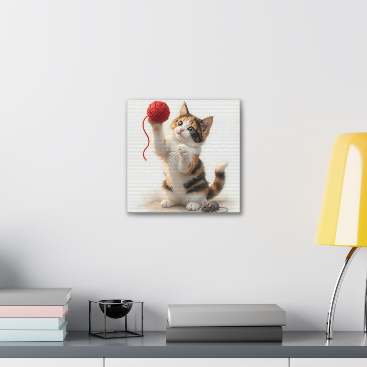 Calico Kitten with Red Yarn Canvas- Nursery Decor- Baby & Kids Room- Kitten Gloria Collection