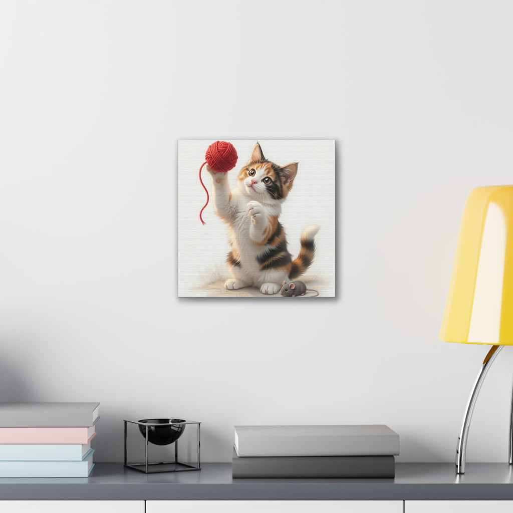 Calico Kitten with Red Yarn Canvas- Nursery Decor- Baby & Kids Room- Kitten Gloria Collection