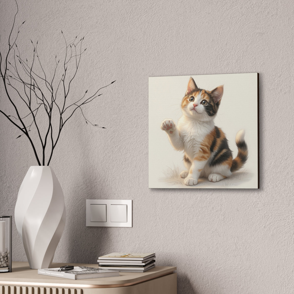 Calico Kitten Pawing Canvas Stretched Wall Art | 0.75" Nursery & Kids room Decor- Gloria Collection- Bestie Best