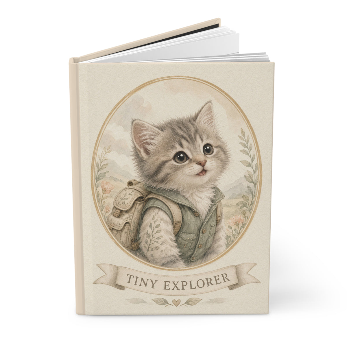 Tiny Explorer kitten illustration Hardcover Journal | Vintage backpack kitten portrait