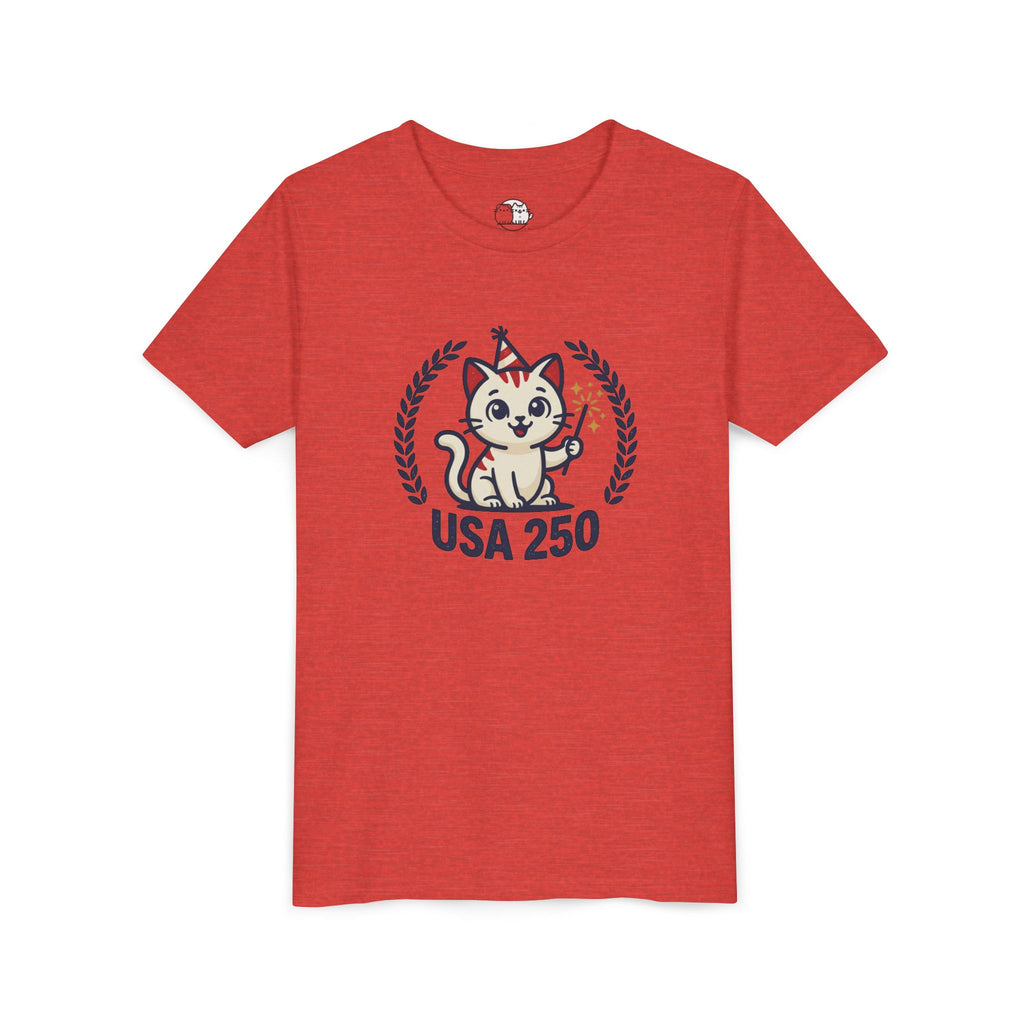 USA 250 Lucky Cat Youth Tee | Patriotic Kitten Illustration