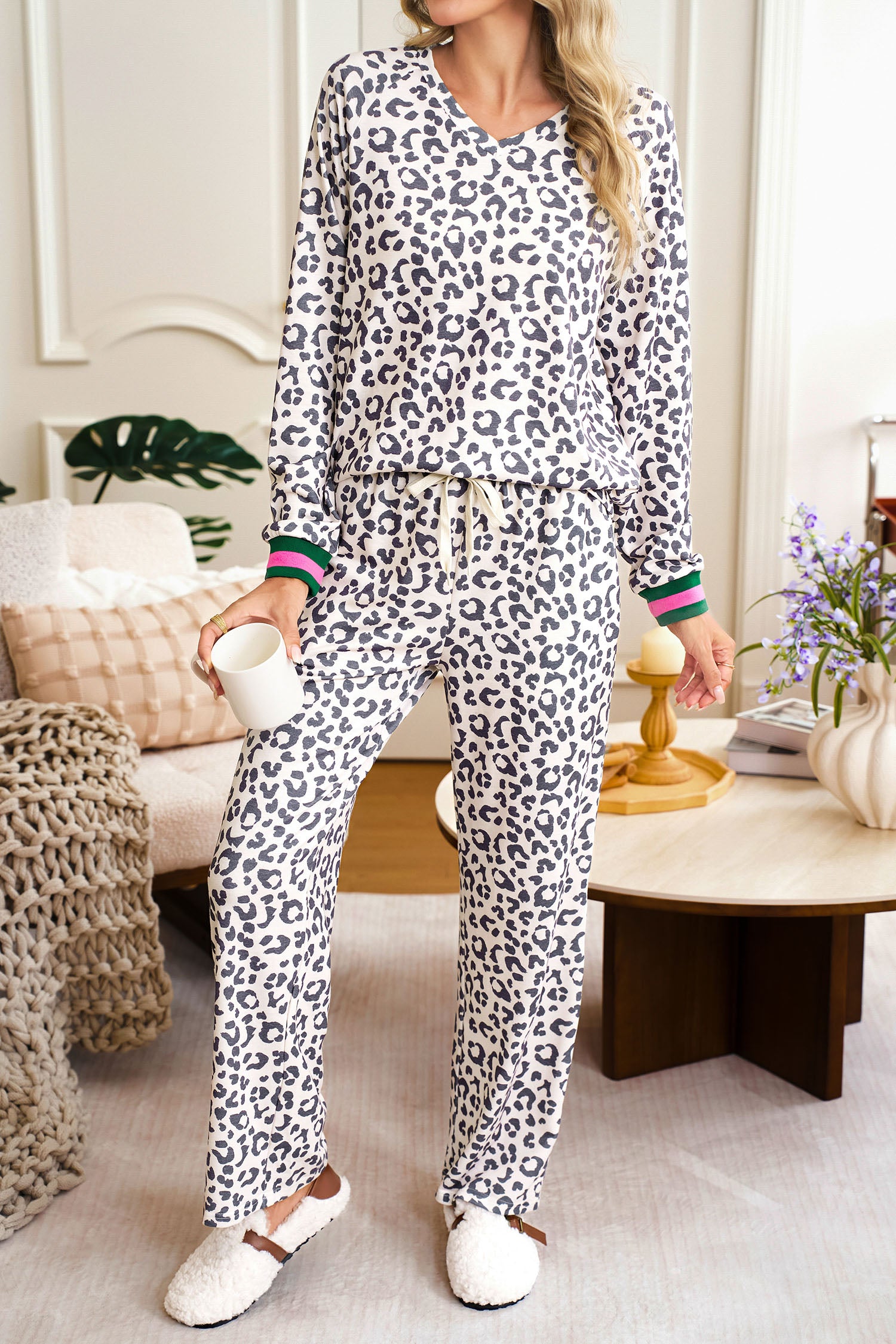 Gray Leopard Contrast Trim Long Sleeve Pullover and Pants Set