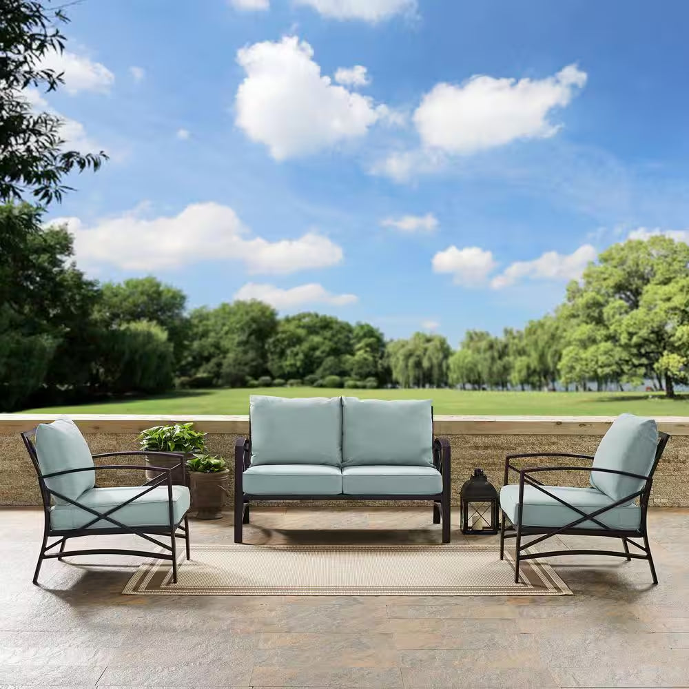 Kaplan 3-Piece Metal Patio Outdoor Seating Set with Mist Cushion - Loveseat, 2-Outdoor Chairs