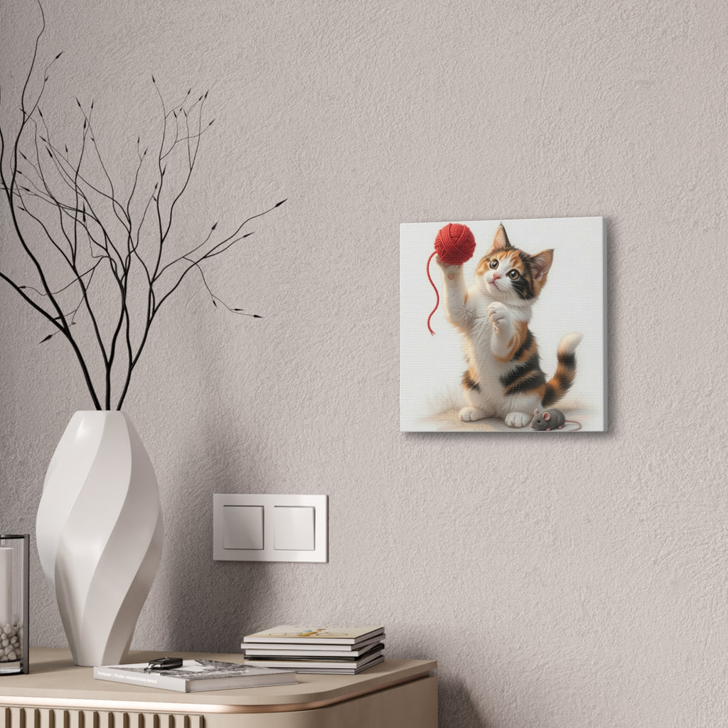 Calico Kitten with Red Yarn Canvas- Nursery Decor- Baby & Kids Room- Kitten Gloria Collection
