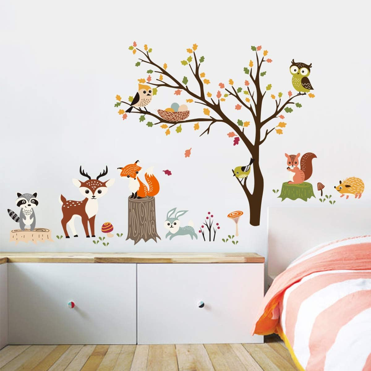Woodland Wall Decals Animals Tree Owl Fox Deer Wall Stickers Kids Bedroom Baby Nursery Wall Decor