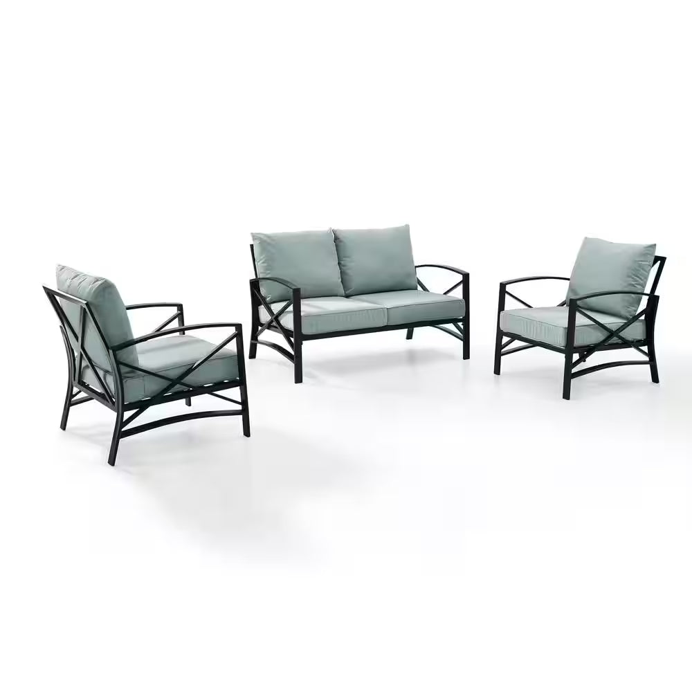 Kaplan 3-Piece Metal Patio Outdoor Seating Set with Mist Cushion - Loveseat, 2-Outdoor Chairs